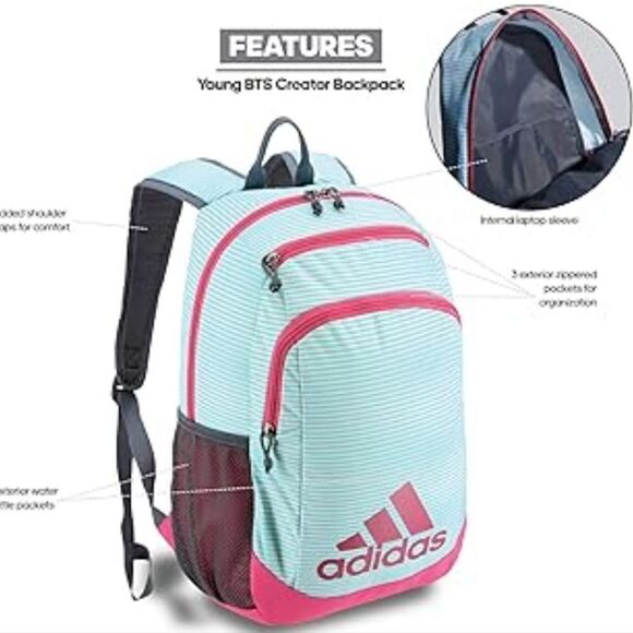 ADIDAS BTS CREATOR TURQUOISE AND WHITE STRIPED WITH PINK TRIM YOUTH BACKPACK - Picture 1 of 13
